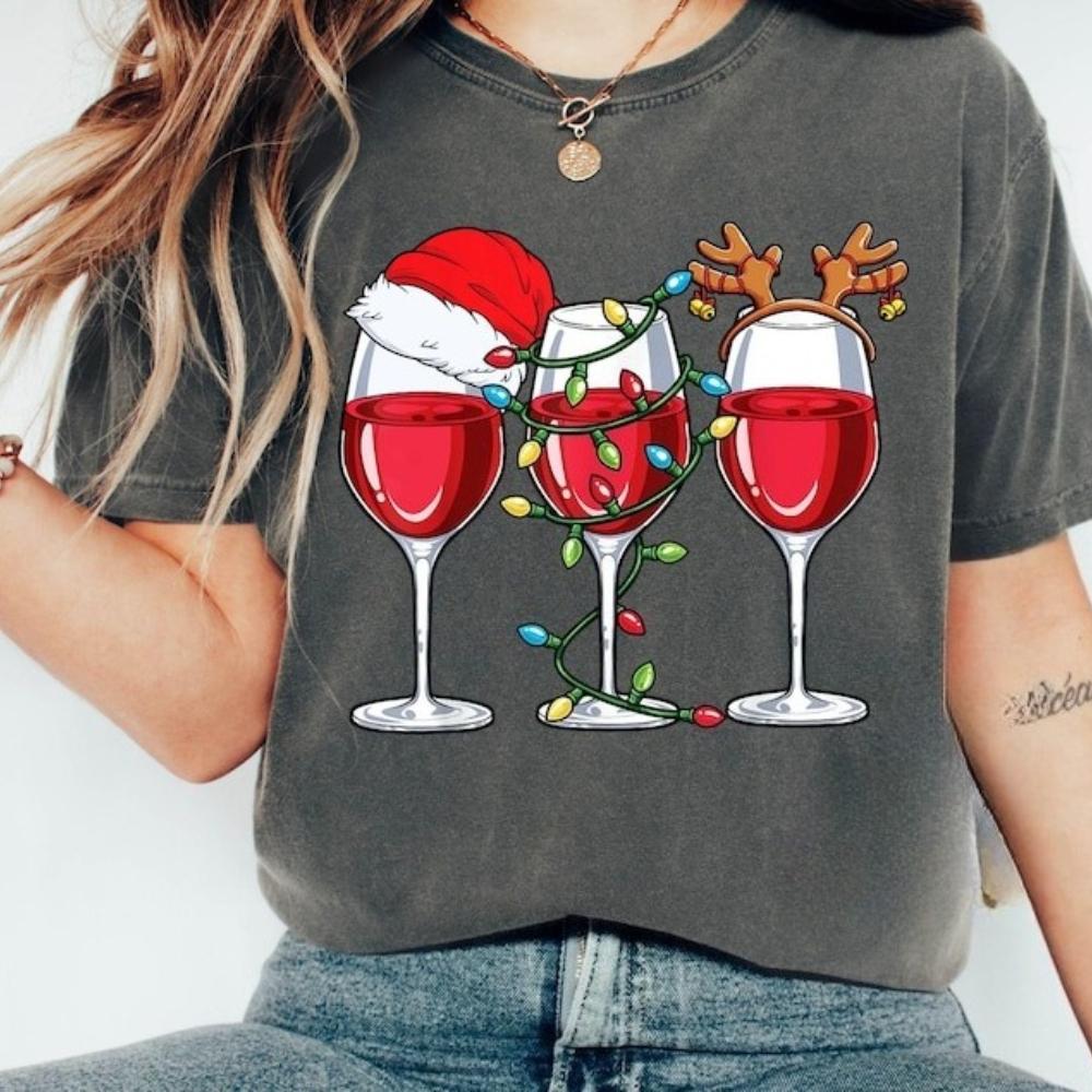Christmas Party Shirt Women Wine Glasses TShirt Wine Lover Christmas Gift Tee Simple Casual Festival Clothing Cotton Tee Tops