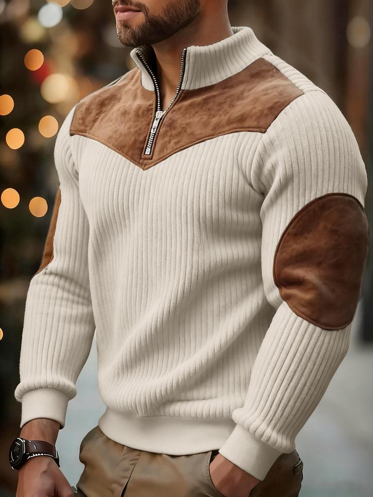 Men's Retro Stand-Up Collar Ribbed Pullover - Half-Zip, Warm Patchwork for Autumn/Winter Christmas Gift