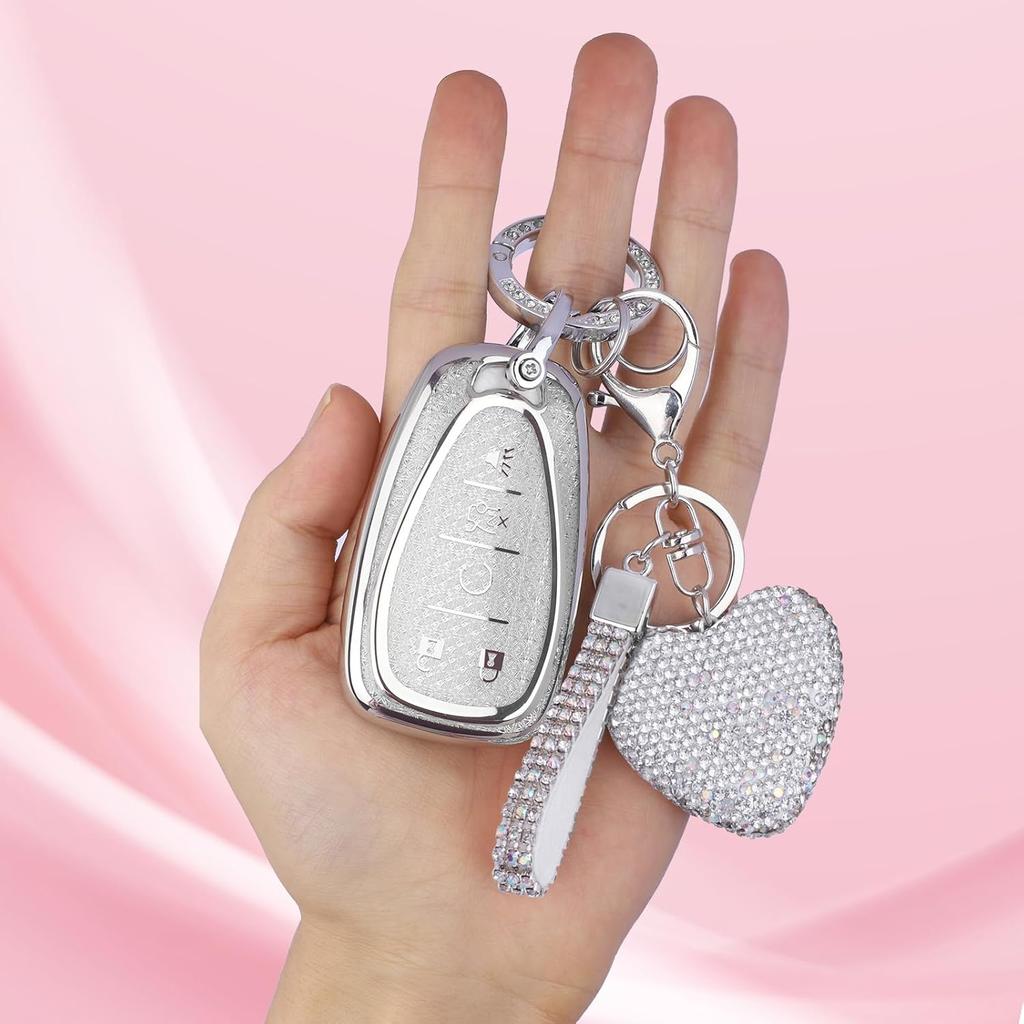 Compatiable with Chevy 5 Button Key Fob Cover with Diamond Bling Keychain, Car Accessories Keys Shell TPU for Chevrolet Equinox Malibu Camaro