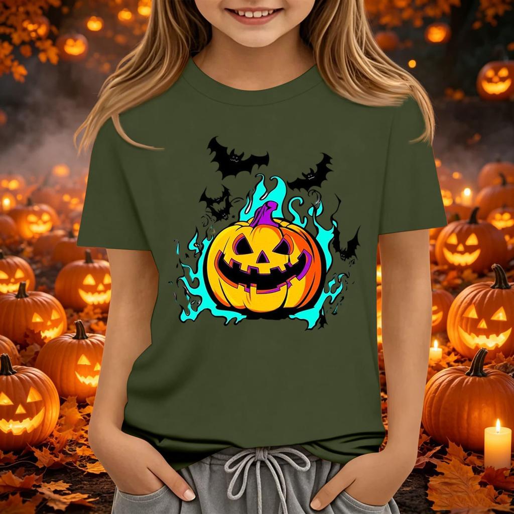 Kids Halloween Printed Neck Short Sleeve T-Shirt Loose Fit Casual Top
