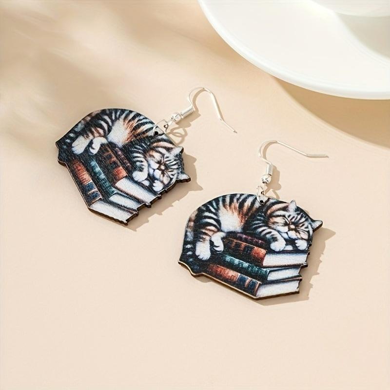 New School Season Graduation Season Cat Book Pendant Wooden Double Sided Earrings Back to School Teachers' Day Gift
