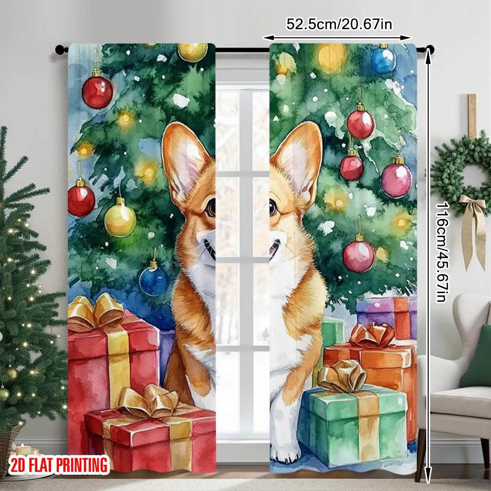 2pcs 2D Flat Printing Christmas Curtains Christmas Cute Dog Durable 100% Polyester Fabric Without Electricity Versatile Use for