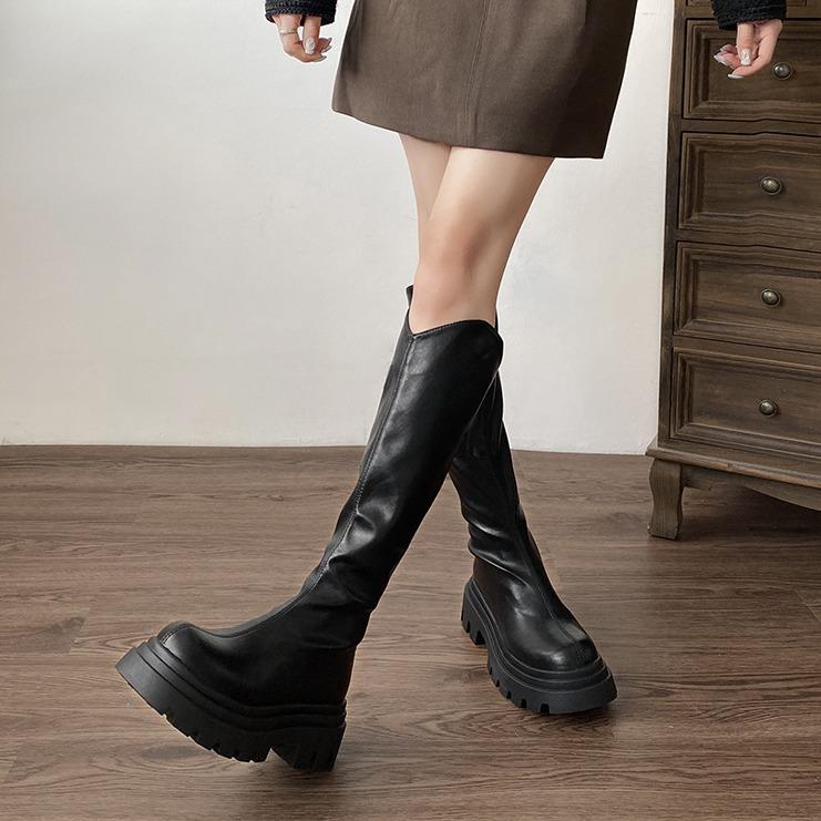Thick-soled simple black v-mouth thin thick-soled boots women's 2025 new autumn small tall knight boots