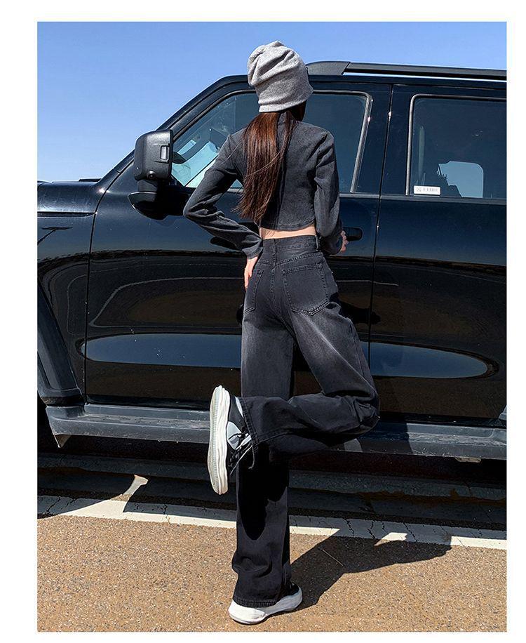 Black-Gray High-Waisted Wide-Leg Jeans for Women - Velvet-Lined, Thick, Loose-Fit, Slimming, Straight-Leg, Floor-Length, Petite, Trendy Pants