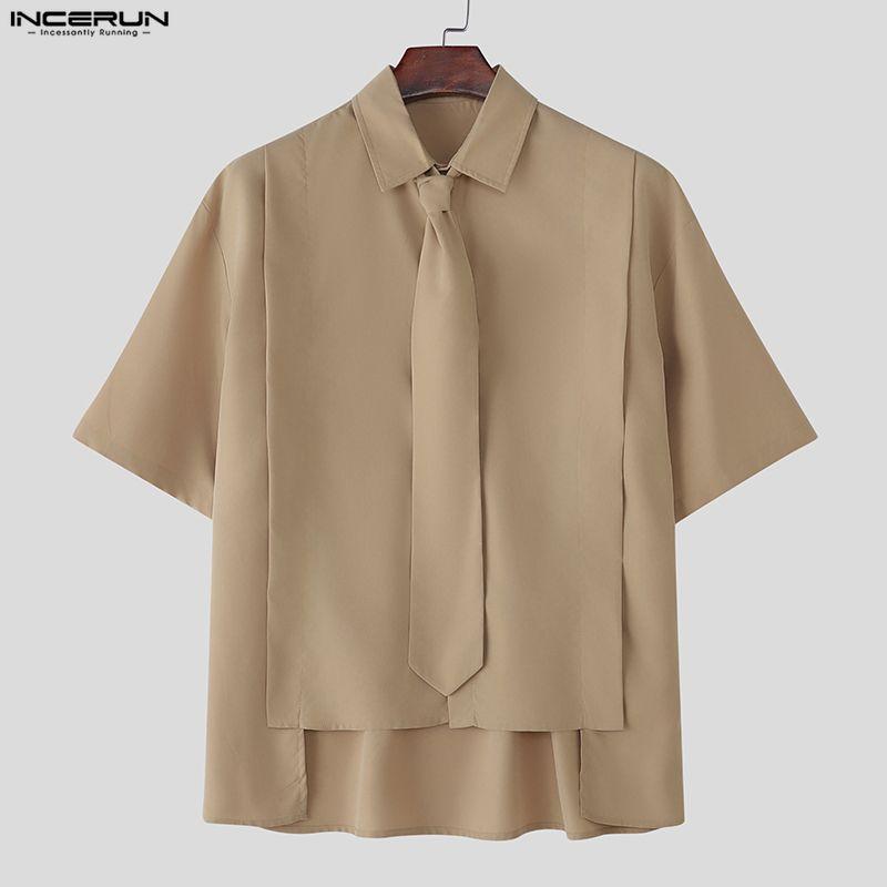 INCERUN Men Tie Lapel Neck Short Sleeve Buttons Irregular Casual Oversized Shirts