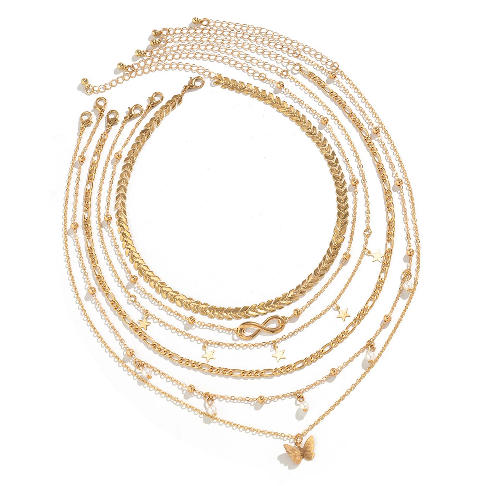 

Елегантний багатошаровий ланцюжок на ключицю, намистини з імітації перлів, тонкий ланцюжок, регульована довжина, кулон-метелик, чокер 1