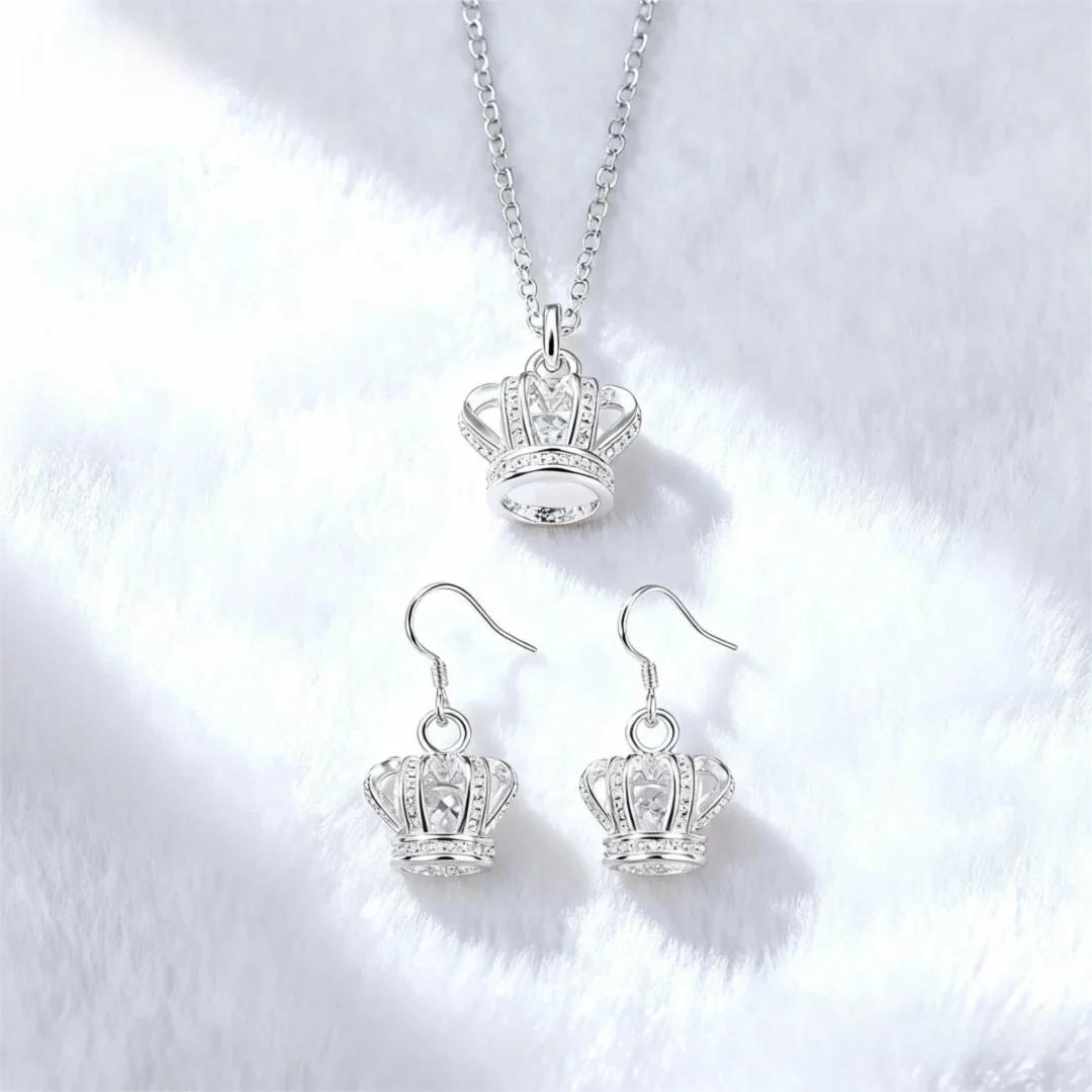 

Copper custom crystal crown necklace earring Jewelry sets for Woman fashion party accessories Christmas Gifts 60cm