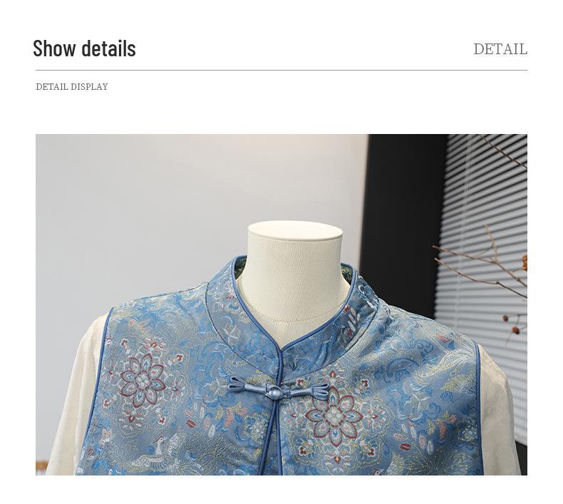 Women's Blue Brocade Jacquard Vest - New 2026 Chinese Style with Frog Buttons, Sleeveless Elegance for Spring