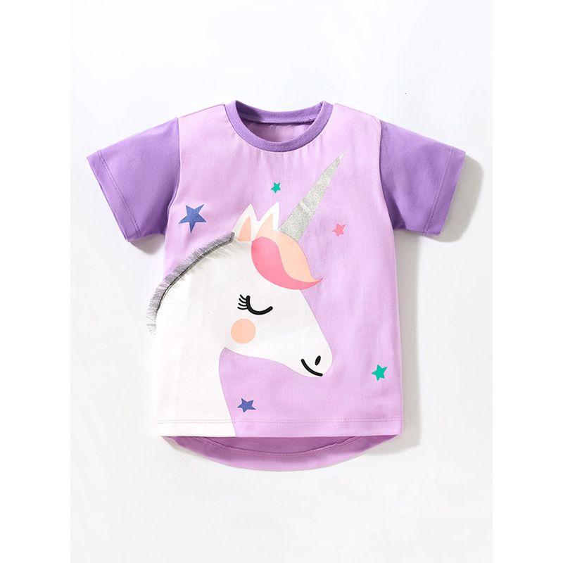 Foreign Trade Children's Clothing Girls' Round Neck Short-Sleeved T-Shirt 23 Summer Style Unicorn Base Shirt Pure Cotton Purple Top 8