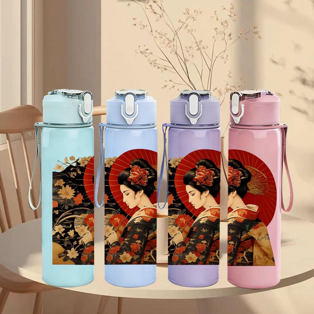 1PC Vintage East Asian Lady Art Print 750ml Color Plastic Sports Water Bottle Leakproof Flip Straw Lid Suitable for Sports Office Home Use