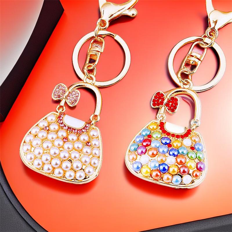 Cute Keychains for Women Rhinestone Pearls Bags Shape Key Chains Jewelry for Car Women's Bags Decoration Bag Charm