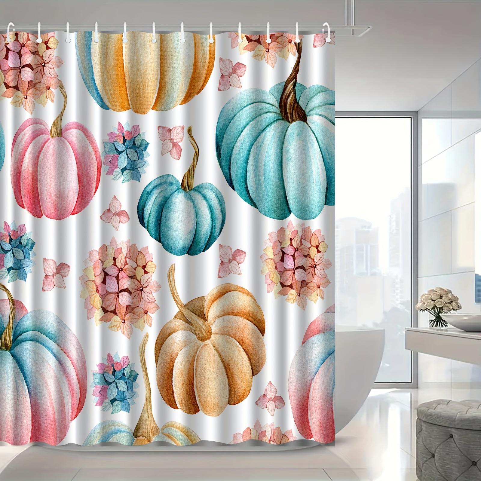 Elegant Watercolor Pumpkin Flower Shower Curtain, Fog-Proof,  Vibrant Floral & Pumpkin Design, Hooks Included, All-Seasons W90xH180cm