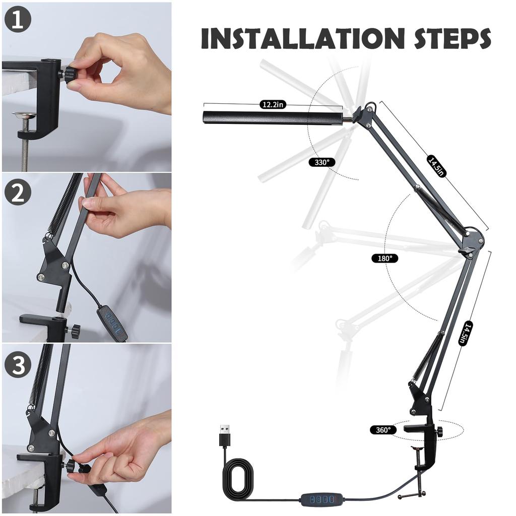 LED Desk Lamp Long Arm Foldable Clamp Adjustable Eye Caring Light with 3 Color Modes Dimmable for Reading Study and Office Work