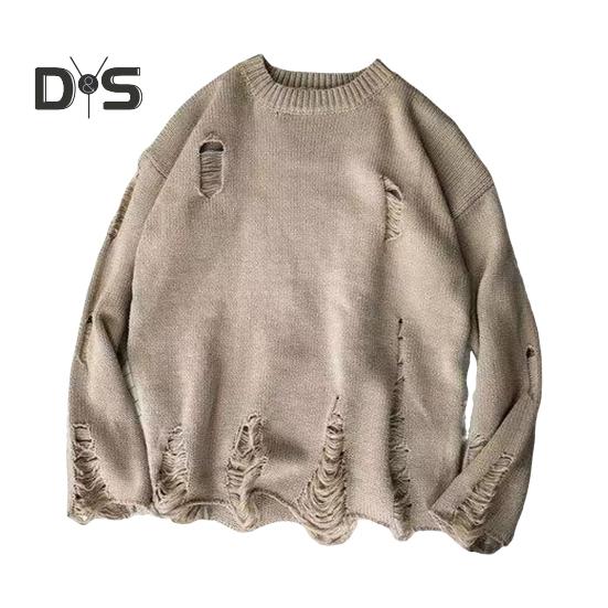 Men Fall Winter Sweater Ripped Hole Solid Color Round Neck Knitted Retro Japanese Style Mid Length Loose Long Sleeve Soft Warm Pullover Men Sweater