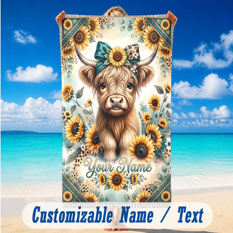 Cow Highland Theme Beach Towel Personalized Custom Name & Text Soft Quick Dry Beach Towel for Swimming Travel