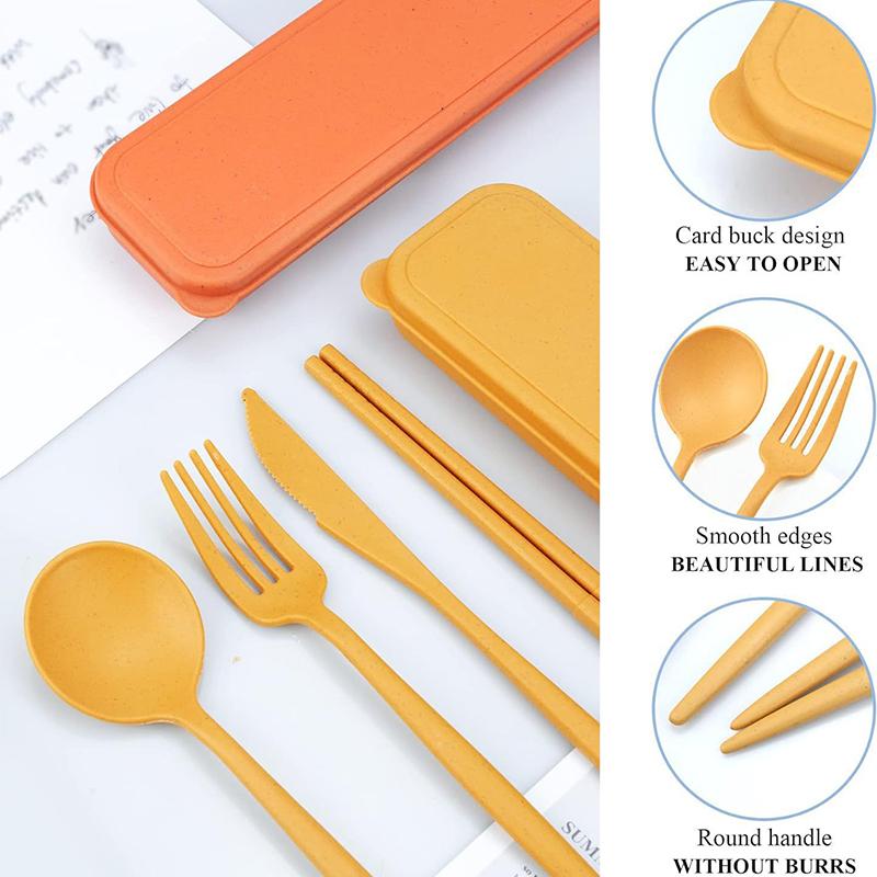 4PCS/Set Wheat Straw Knife, Fork, Spoon And Chopsticks Set Students Outdoor Travel Portable Tableware