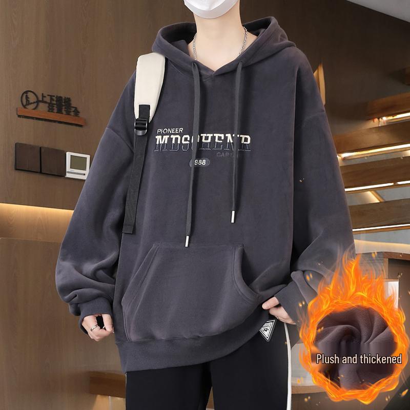 Men's 2025 Style Double-Sided Fleece Hoodie, Thickened Inner Layer, Solid Color, Trendy Winter Outerwear for Teens with Hood
