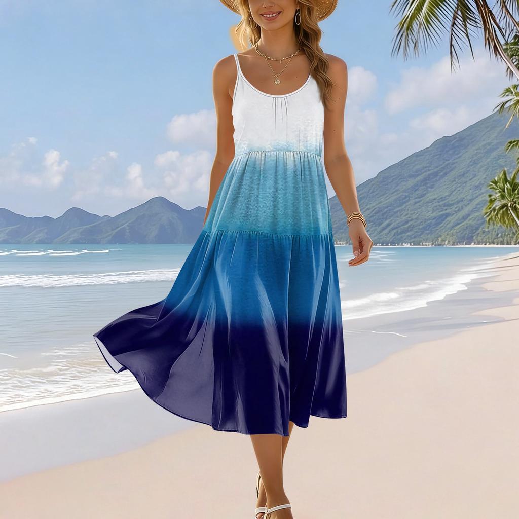Damen Sommer Mode Bedrucktes Tasche Verstellbarer Schultergurt Bohemian Freizeit Strand Resort Trägerkleid