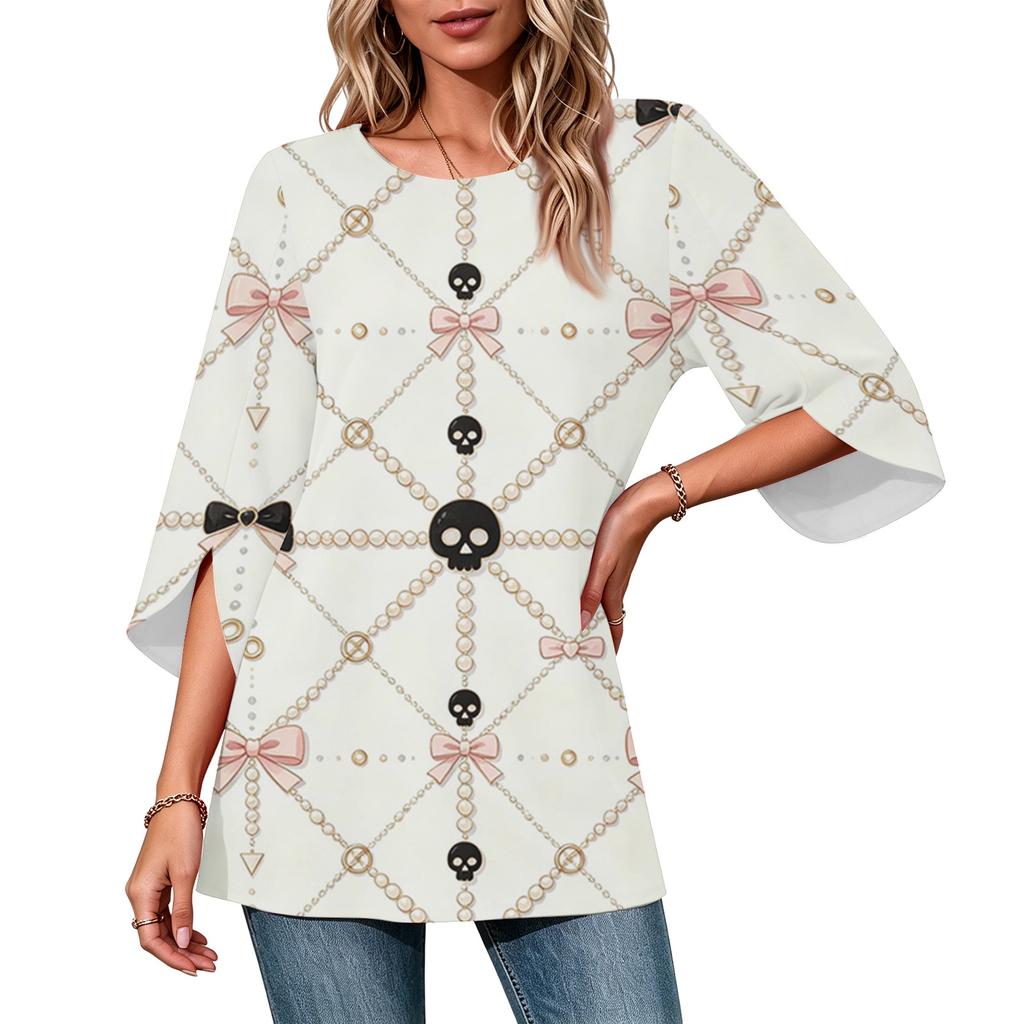 Women's Halloween Print Casual Top, Round Neck, Three-Quarter Sleeve, Loose Fit