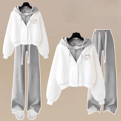 Spring and Autumn and Winter Fashion Suit Women's Fake Two-piece Hooded Sweater Sportswear Trousers Two-piece Suit