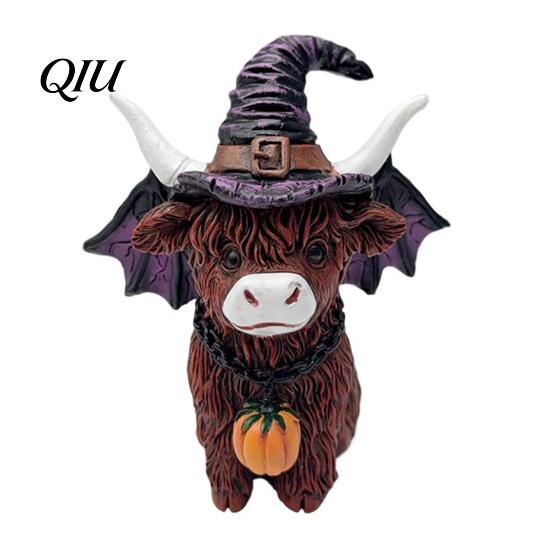 Weather Resistant Courtyard Ornaments Halloween Highland Cow Figurine, Wizard Broom & Bat Wing Pumpkin Durable Resin Crafts for Holiday Ornament,