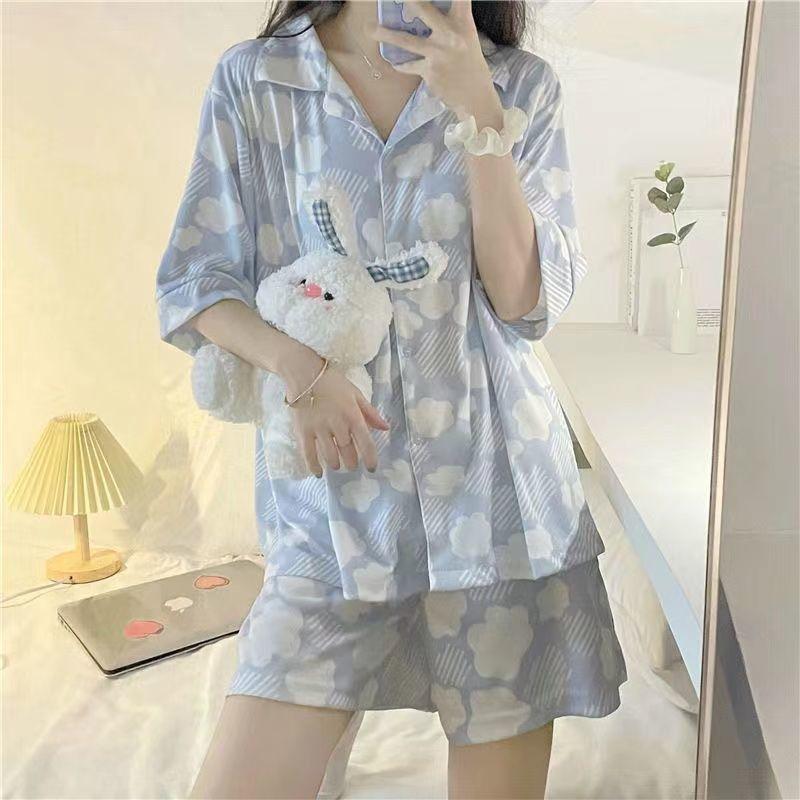 Letní pyžamo Dámské šortky s krátkým rukávem Mašle Volný Cardigan Léto lze nosit jako sadu domácího oblečení