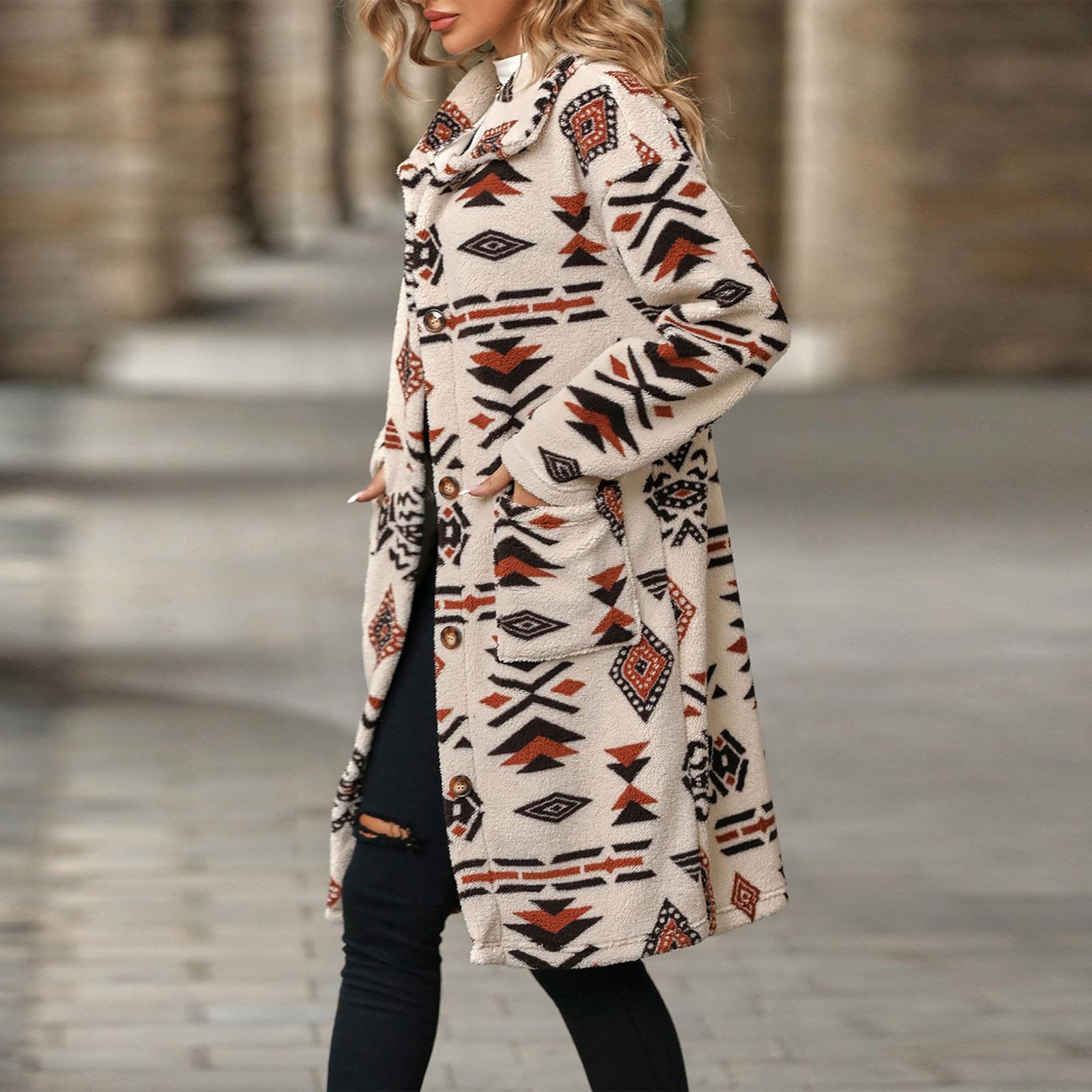 Осенне-зимняя женская однобортная плюшевая длинная куртка с принтом в этническом стиле — фото 4