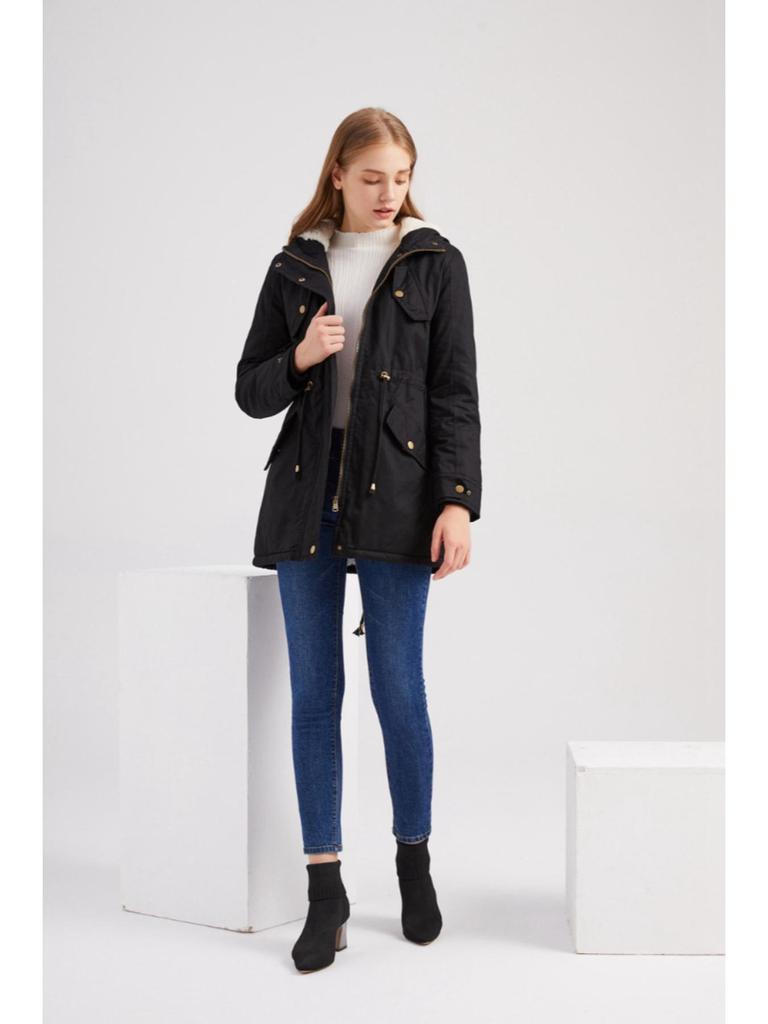 Manteau Parker à Col Capuche Coton Manteau Zippé Mi-Long Saison Hiver Manteau Chaud et Moelleux avec Veste en Coton