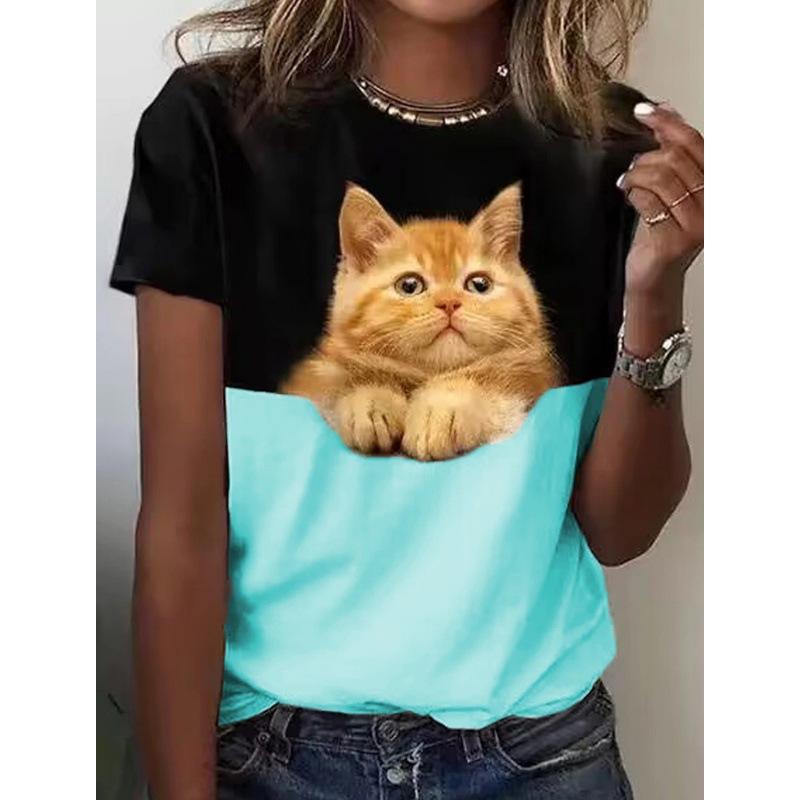 3D Cat Cartoon Couple Trendy Brand Women's T-shirt Short Sleeve T-shirt