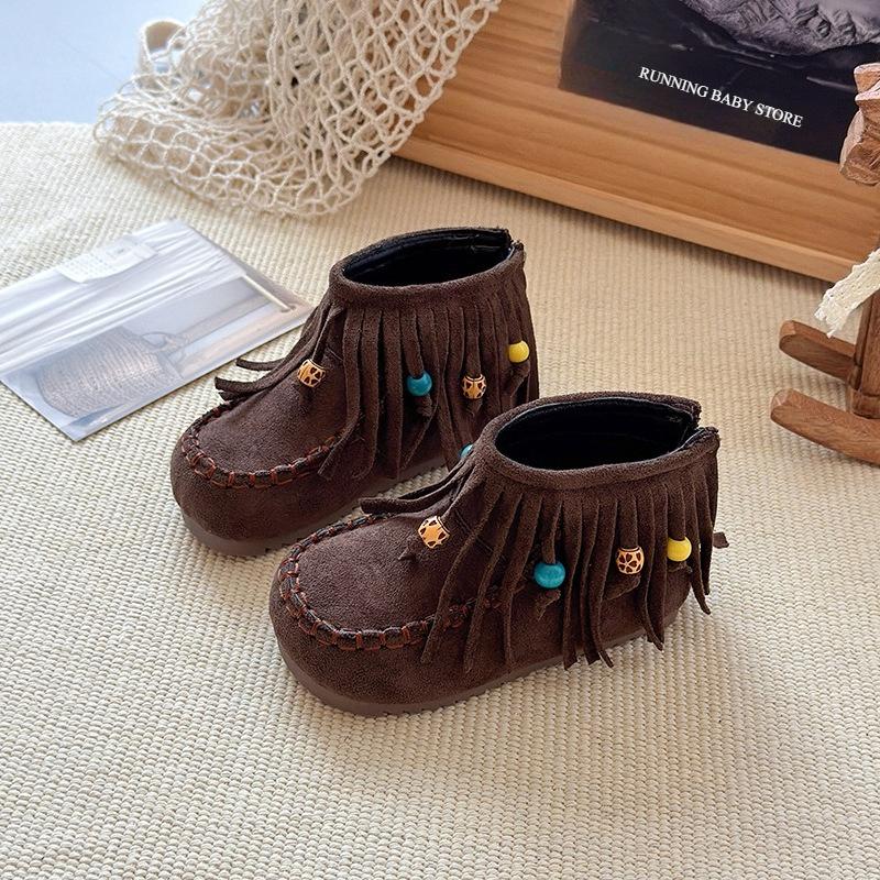 

Vintage Velvet Princess Short Boots for Student Bohemia Style Hanging Beads Winter Suede Shoes Fringe Girl s Boots Tassel I09201 23 коричневый