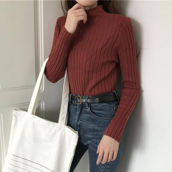 T-shirt moulant col semi-roulé manches longues tricot côtelé tops automne hiver chemise à superposer décontractée bureau soirée