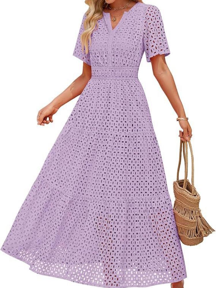 Damen V-Ausschnitt Spitze Kurzarm Maxi Kleid mit ausgestelltem Saum, Erhältlich in mehreren Farben