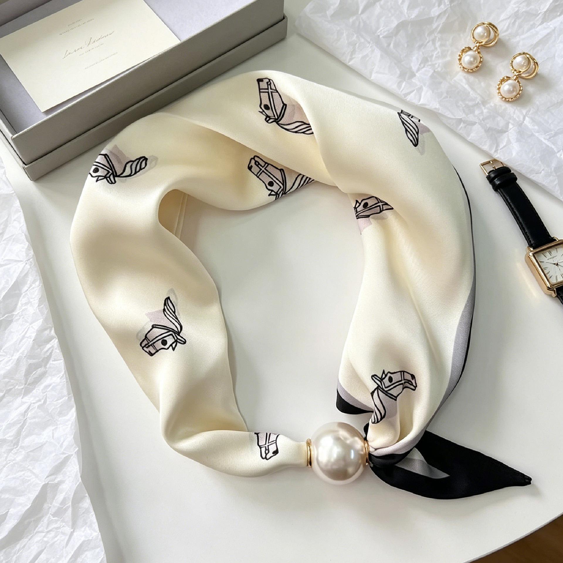 Luxe Zomer Dun Parel Vrouwen Zijden Sjaal Magnetische Gesp Lui Sjaal Meisjes Zoet Elegant Hanger Sleutelbeen Ketting Nek Sjaals 47X13cm white
