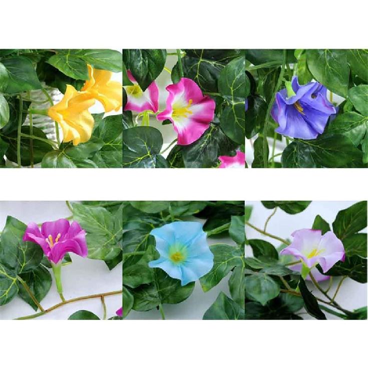 Artificial Vines 2pcs Artificial Morning Glory Trumpet Flower Vine Fake Green Plant Home Garden Wall Fence Outdoor Wedding Hanging Baskets Decor