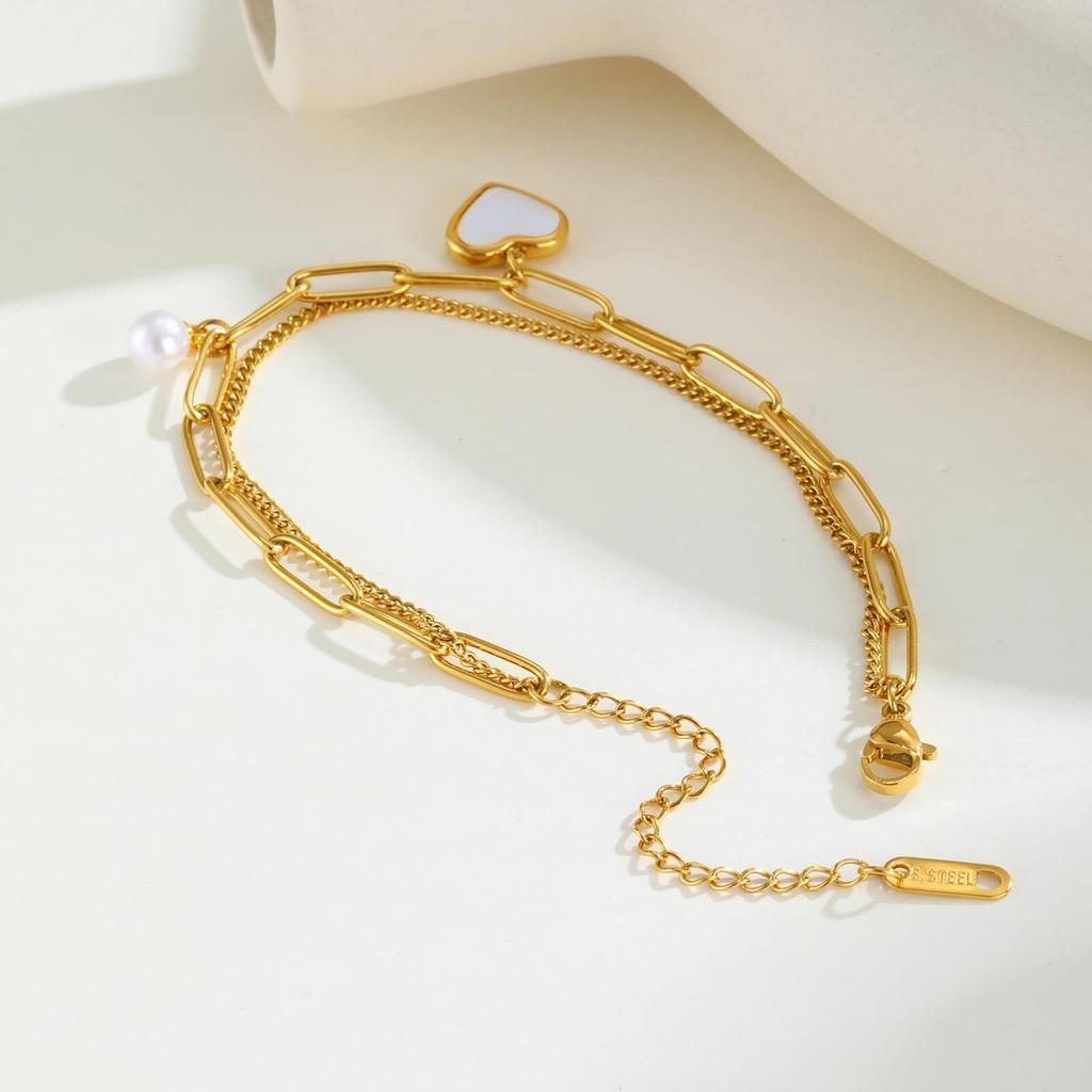 Stainless Steel Chains Double Layer Heart Bracelet Bangle For Women, 18k Gold Plated Waterproof Charm Wrist Jewelry
