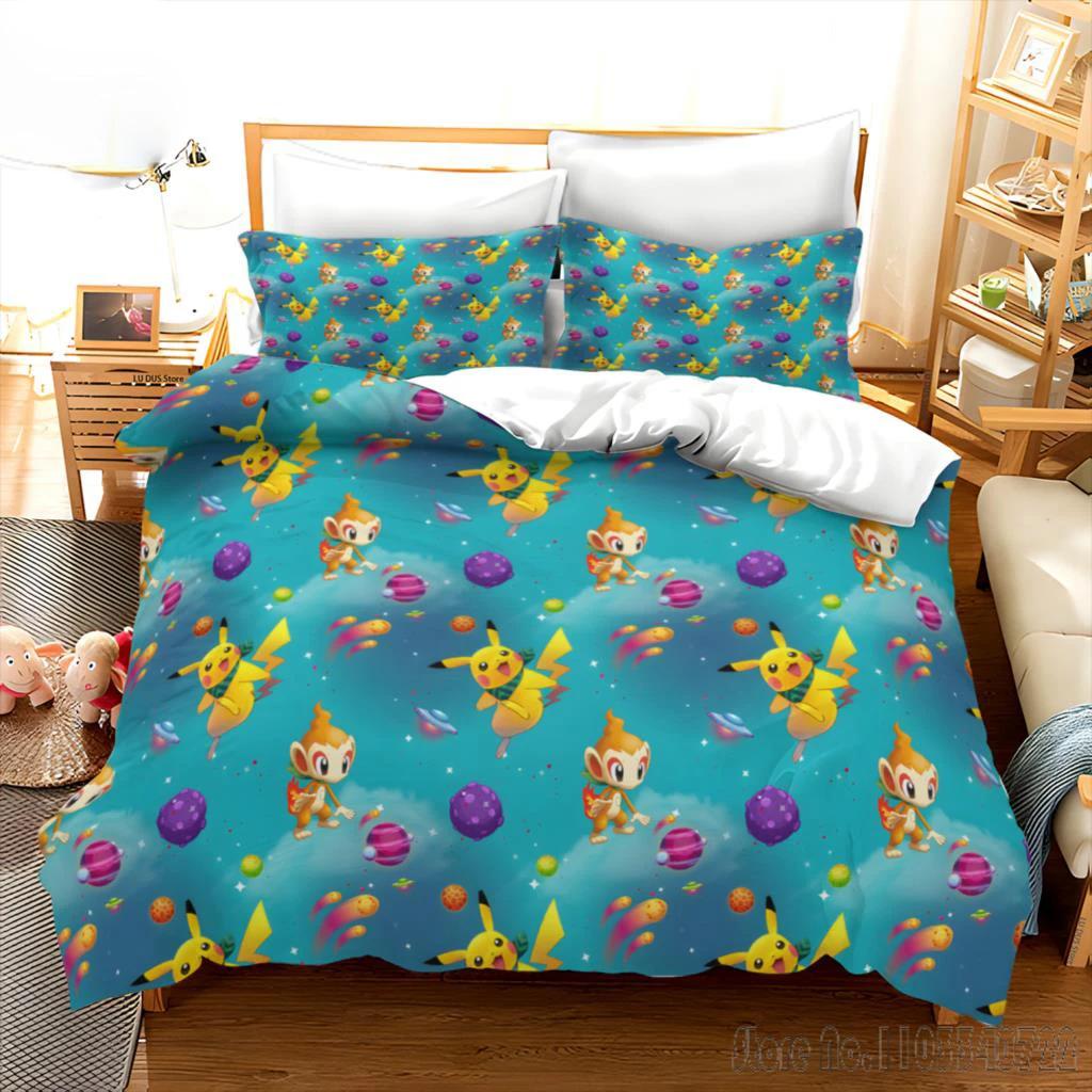 

Pokemon Bedding Set Cartoon Anime Children Bedroom Quilt Cover Boy Girl Bedclothes Single Double King Pikachu Duvet Cover Gift 220*240cm 3pcs