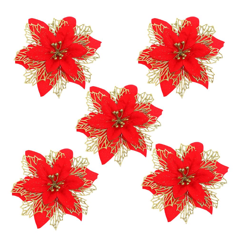 5-20pcs Christmas Artificial Flowers Glitter Xmas Tree Ornament Red Gold Poinsettia Flower Head Home New Year Party Decoration