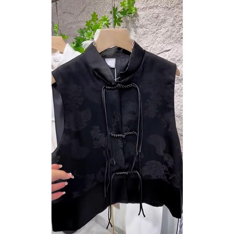 Damen Retro Satin Print Tang Anzug Weste mit Quasten