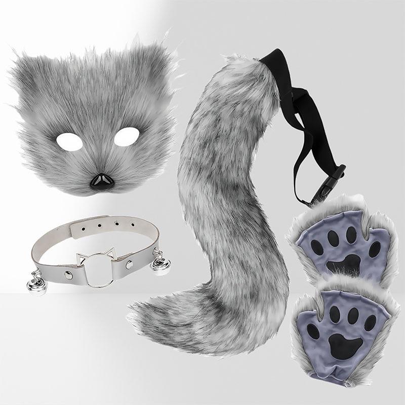 Fox Ear & Tail Halloween Cosplay Set with Paws - Handmade Plush Animal Mask
