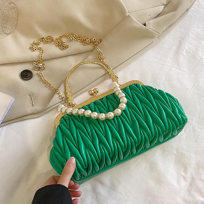 Fashion Women Orange Green Shoulder Bags Prom Clutch Pearl Chain Crossbody Bags Female Chic Totes Pu Leather Handbags And Purse
