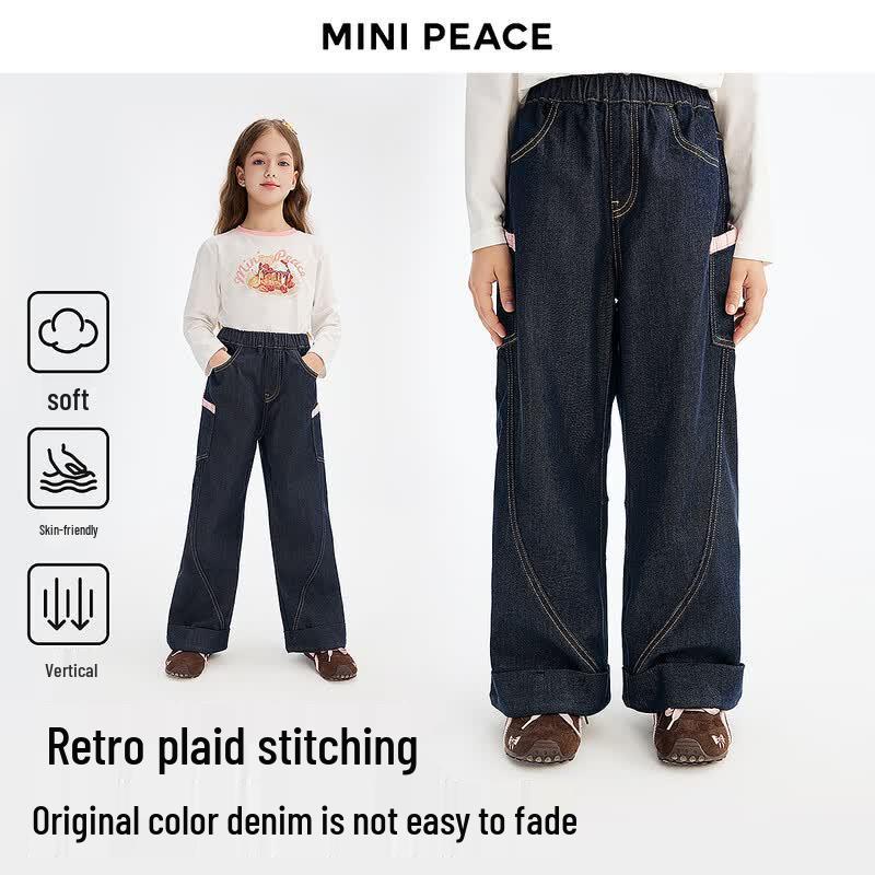 MiniPeace Girls Wide-Leg Plaid Denim Cargo Pants 150