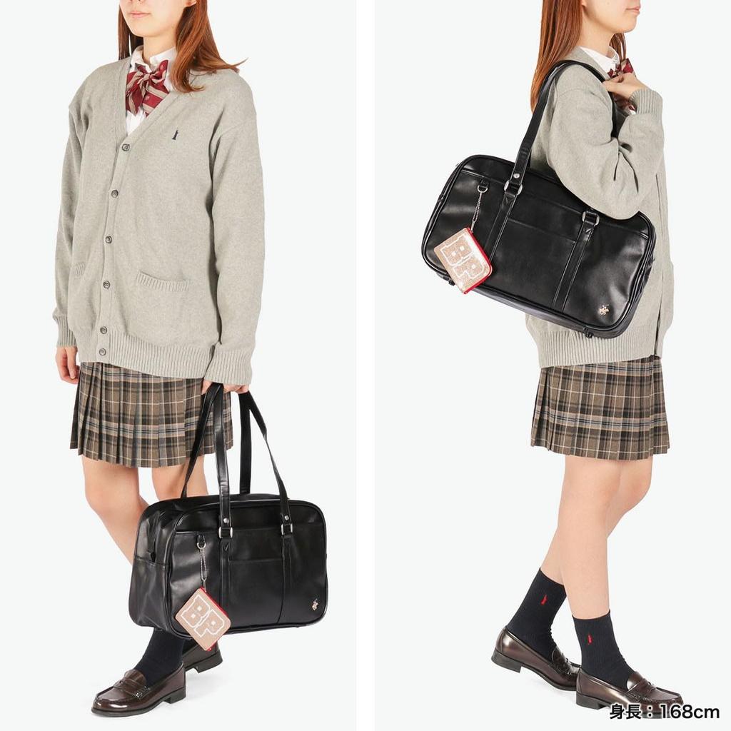 BEVERLY HILLS POLO CLUB Faux Leather School Bag Boston Bag Brown Black High School Girls Boys with Pouch bp002 Beige Water-repellent (Black [23])