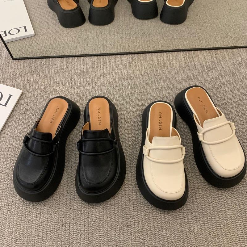 Zhike Japanese Retro Shoes Platform Sole One-pedal Leather Bag Head Women's Shoes Spring and Summer 2025 New Slippers Women's Outer Wear