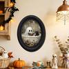 Retro Style Interior Wall Art Halloween Gothic Oval Wooden Hanging Plaque, Vintage Framed Black Cat Little Minimalist Horror Themed Decor Ghost Sign,
