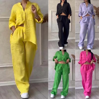 2 Pcs/Set Women Shirt Pants Set Homewear Outfit Solid Color Stand Collar Long Sleeve Top Wide Leg Elastic Waist Loose Pants Commute Clothes Blouse