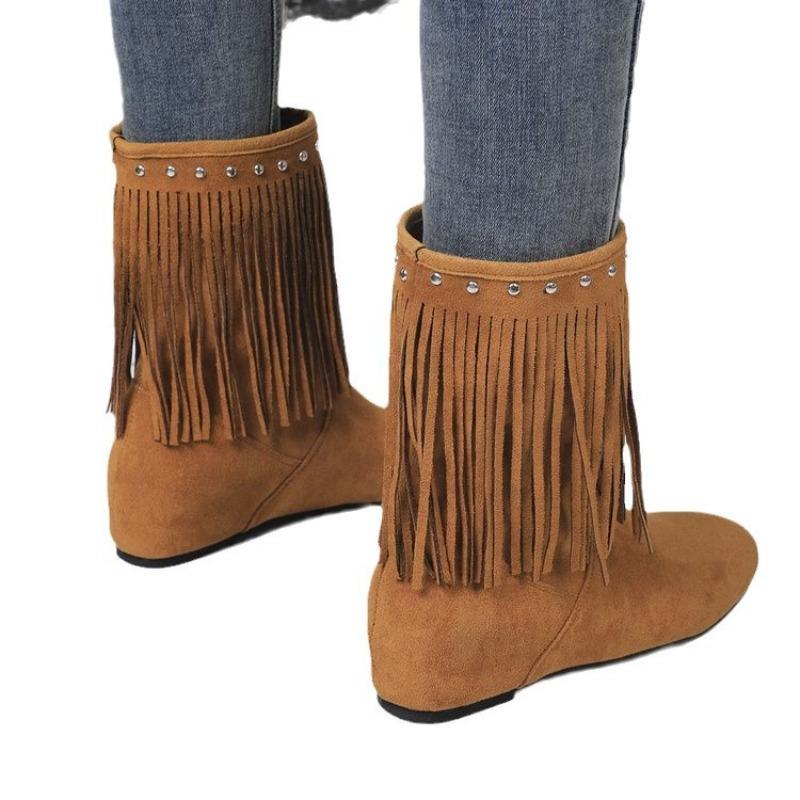 Grenzüberschreitende neue Übergröße Niet Wildleder Fransenstiefel Damen Außenhandel runde Zehenpartie Innenhöhe erhöht dünne mittelhohe Stiefel