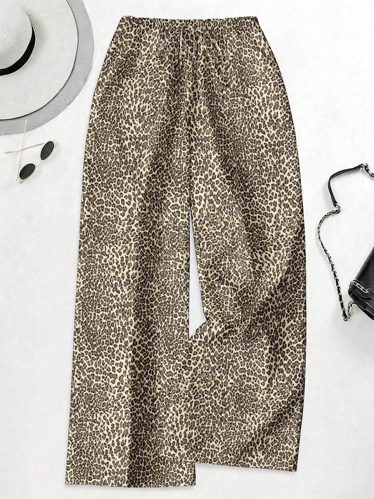 Women's Plus Size High Waist Leopard Print Wide Leg Pants - Summer Casual European American Style