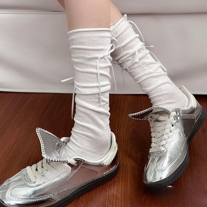 Sock - Women s Calf-length Summer Lightweight Ballet-style Bow Mid-calf Pile-up Socks, White Long Stockings 1 pair белый