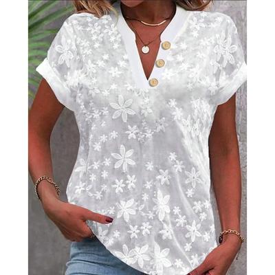 Summer Minimalist Casual Top White V-neck Solid Color Embroidered Shirt for Women Blouses