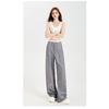 Casual Women's Bow Embroidered Striped Suit Relaxed Gray High Waist Draped Wide Leg Pants